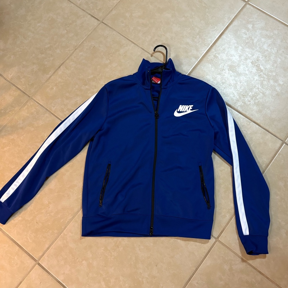 Nike Men's Blue and White Striped Varsity Zip Jacket